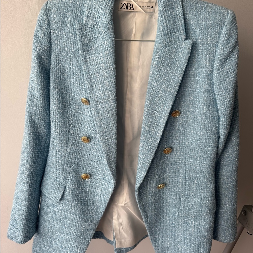 Zara Sky Blue Textured Jacket with Metallic Accents LIKE NEW